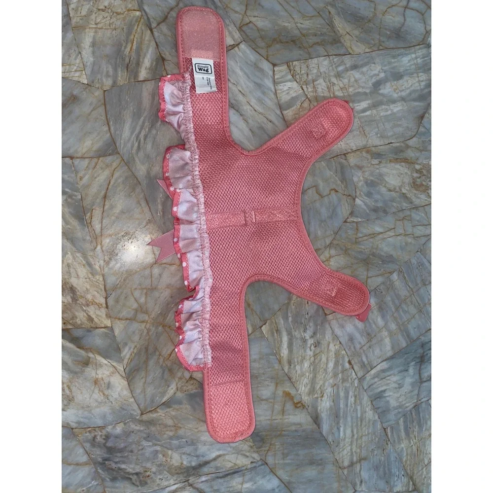 Simply Wag Pink Polka Dot Ruffle Dog Harness Vest with Satin Bow Small